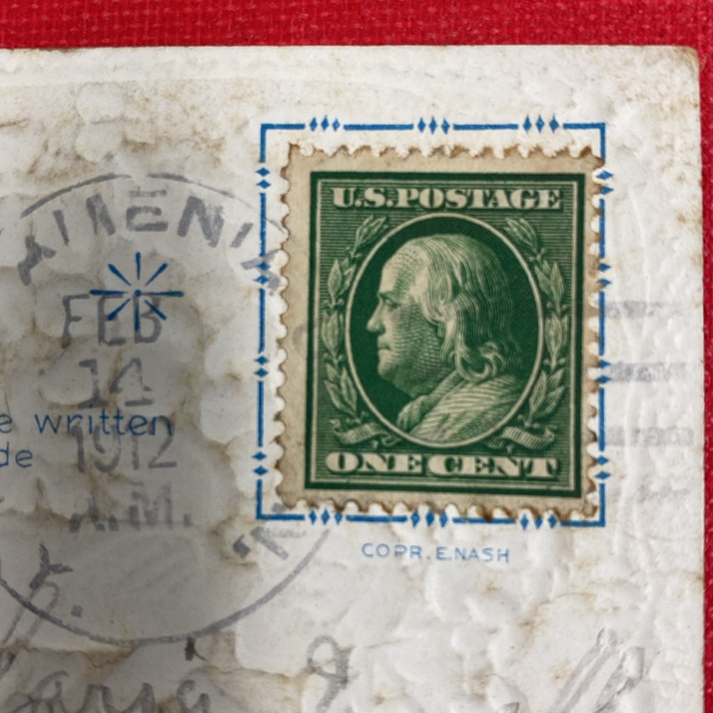 one cent stamp on Valentine postcard posted February 14, 1912.